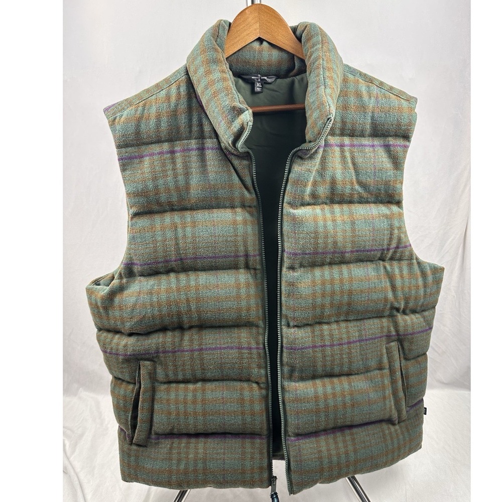 Houston White Mens Plaid Puffer Vest XL Green Brown Wool Blend Full Zip Quilted